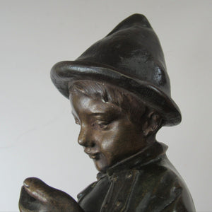 Antique French 1930s Table Lamp. STREET MUSICIAN by G. Demange. Bronzed Spelter with Frosted Glass Globe Shade 