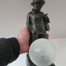 Load image into Gallery viewer, Antique French 1930s Table Lamp. STREET MUSICIAN by G. Demange. Bronzed Spelter with Frosted Glass Globe Shade 

