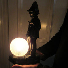 Load image into Gallery viewer, Antique French 1930s Table Lamp. STREET MUSICIAN by G. Demange. Bronzed Spelter with Frosted Glass Globe Shade 

