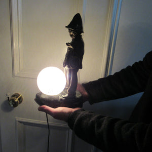 Antique French 1930s Table Lamp. STREET MUSICIAN by G. Demange. Bronzed Spelter with Frosted Glass Globe Shade 