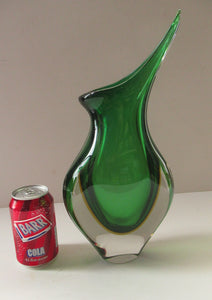 Huge Green and Yellow Cased Amorphic Sommerso Murano Glass Vase