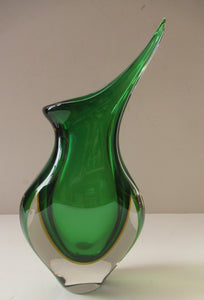 Huge Green and Yellow Cased Amorphic Sommerso Murano Glass Vase