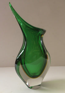 Huge Green and Yellow Cased Amorphic Sommerso Murano Glass Vase