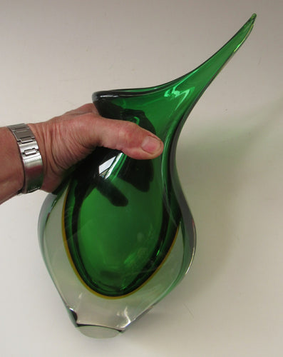 Huge Green and Yellow Cased Amorphic Sommerso Murano Glass Vase