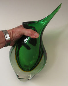 Huge Green and Yellow Cased Amorphic Sommerso Murano Glass Vase
