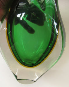 Huge Green and Yellow Cased Amorphic Sommerso Murano Glass Vase