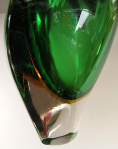 Huge Green and Yellow Cased Amorphic Sommerso Murano Glass Vase