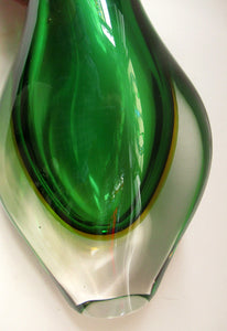 Huge Green and Yellow Cased Amorphic Sommerso Murano Glass Vase