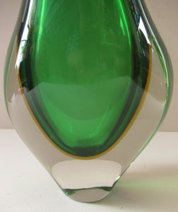 Huge Green and Yellow Cased Amorphic Sommerso Murano Glass Vase