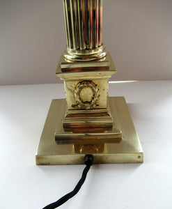 LARGE ANTIQUE Brass Column Lamp with Stepped Plinth Base & Corinthian Capital. WORKING