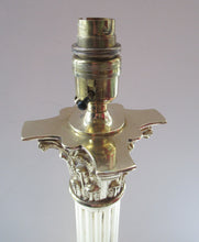 Load image into Gallery viewer, LARGE ANTIQUE Brass Column Lamp with Stepped Plinth Base &amp; Corinthian Capital. WORKING
