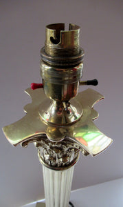 LARGE ANTIQUE Brass Column Lamp with Stepped Plinth Base & Corinthian Capital. WORKING