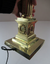 Load image into Gallery viewer, LARGE ANTIQUE Brass Column Lamp with Stepped Plinth Base &amp; Corinthian Capital. WORKING
