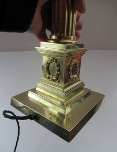 LARGE ANTIQUE Brass Column Lamp with Stepped Plinth Base & Corinthian Capital. WORKING