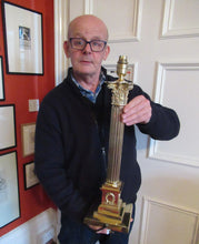 Load image into Gallery viewer, LARGE ANTIQUE Brass Column Lamp with Stepped Plinth Base &amp; Corinthian Capital. WORKING
