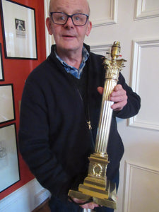 LARGE ANTIQUE Brass Column Lamp with Stepped Plinth Base & Corinthian Capital. WORKING