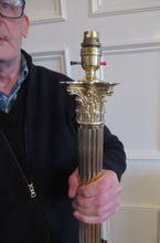 Load image into Gallery viewer, LARGE ANTIQUE Brass Column Lamp with Stepped Plinth Base &amp; Corinthian Capital. WORKING

