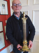 Load image into Gallery viewer, LARGE ANTIQUE Brass Column Lamp with Stepped Plinth Base &amp; Corinthian Capital. WORKING

