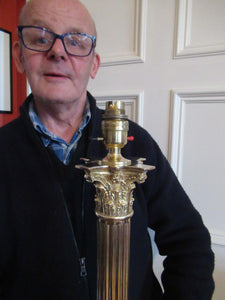 LARGE ANTIQUE Brass Column Lamp with Stepped Plinth Base & Corinthian Capital. WORKING