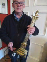 Load image into Gallery viewer, LARGE ANTIQUE Brass Column Lamp with Stepped Plinth Base &amp; Corinthian Capital. WORKING
