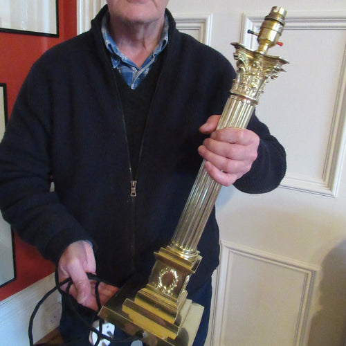 LARGE ANTIQUE Brass Column Lamp with Stepped Plinth Base & Corinthian Capital. WORKING