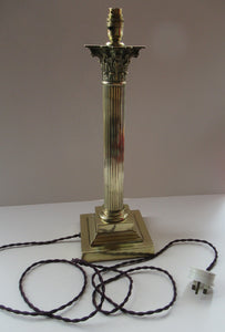LARGE ANTIQUE Brass Column Lamp with Stepped Plinth Base & Corinthian Capital. WORKING