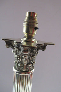 LARGE ANTIQUE Brass Column Lamp with Stepped Plinth Base & Corinthian Capital. WORKING