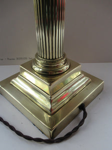 LARGE ANTIQUE Brass Column Lamp with Stepped Plinth Base & Corinthian Capital. WORKING
