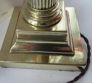 LARGE ANTIQUE Brass Column Lamp with Stepped Plinth Base & Corinthian Capital. WORKING