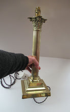 Load image into Gallery viewer, LARGE ANTIQUE Brass Column Lamp with Stepped Plinth Base &amp; Corinthian Capital. WORKING
