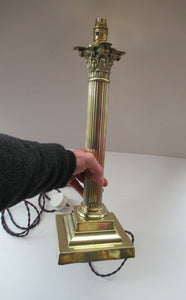 LARGE ANTIQUE Brass Column Lamp with Stepped Plinth Base & Corinthian Capital. WORKING