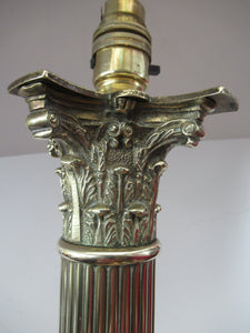 LARGE ANTIQUE Brass Column Lamp with Stepped Plinth Base & Corinthian Capital. WORKING