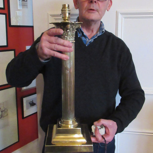 LARGE ANTIQUE Brass Column Lamp with Stepped Plinth Base & Corinthian Capital. WORKING