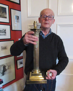LARGE ANTIQUE Brass Column Lamp with Stepped Plinth Base & Corinthian Capital. WORKING