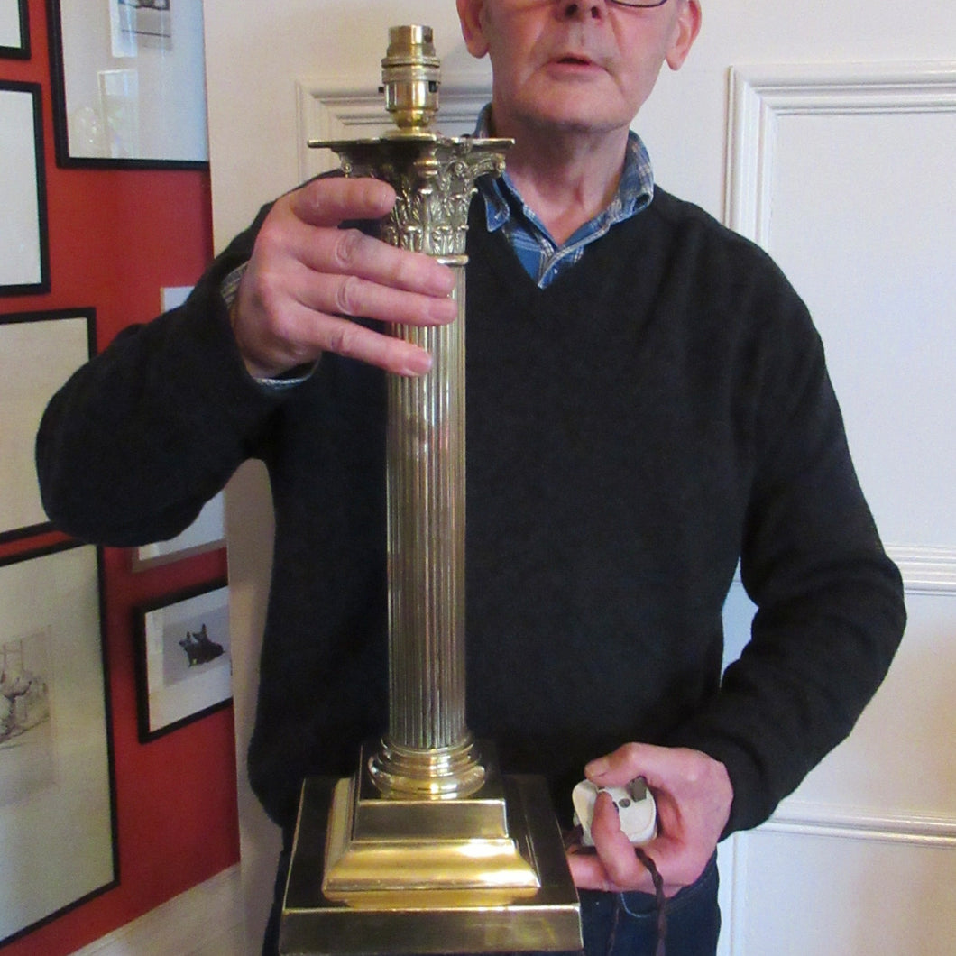 LARGE ANTIQUE Brass Column Lamp with Stepped Plinth Base & Corinthian Capital. WORKING