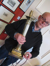 Load image into Gallery viewer, LARGE ANTIQUE Brass Column Lamp with Stepped Plinth Base &amp; Corinthian Capital. WORKING

