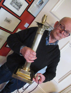LARGE ANTIQUE Brass Column Lamp with Stepped Plinth Base & Corinthian Capital. WORKING