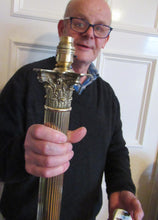 Load image into Gallery viewer, LARGE ANTIQUE Brass Column Lamp with Stepped Plinth Base &amp; Corinthian Capital. WORKING
