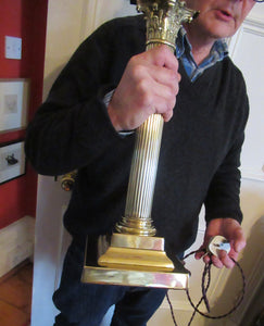 LARGE ANTIQUE Brass Column Lamp with Stepped Plinth Base & Corinthian Capital. WORKING