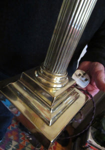 LARGE ANTIQUE Brass Column Lamp with Stepped Plinth Base & Corinthian Capital. WORKING