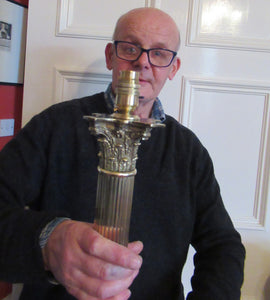 LARGE ANTIQUE Brass Column Lamp with Stepped Plinth Base & Corinthian Capital. WORKING