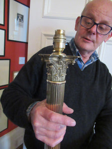 LARGE ANTIQUE Brass Column Lamp with Stepped Plinth Base & Corinthian Capital. WORKING