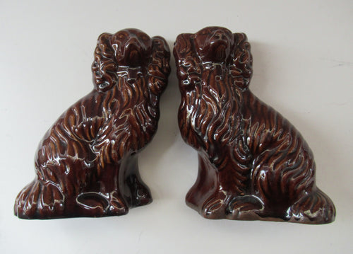 ANTIQUE 19th Century Miniature Red Clay, Treacle Glaze MINIATURE Staffordshire Dogs