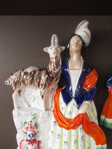 Large Matching Pair Staffordshire Figurines. Man and Woman at a Well with Goats. Antique 1860s