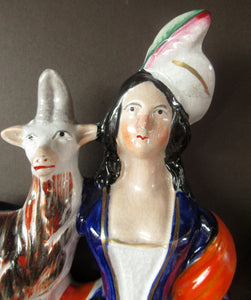 Large Matching Pair Staffordshire Figurines. Man and Woman at a Well with Goats. Antique 1860s