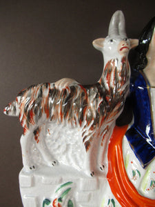 Large Matching Pair Staffordshire Figurines. Man and Woman at a Well with Goats. Antique 1860s