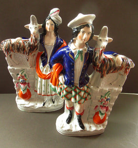 Large Matching Pair Staffordshire Figurines. Man and Woman at a Well with Goats. Antique 1860s