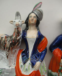 Large Matching Pair Staffordshire Figurines. Man and Woman at a Well with Goats. Antique 1860s