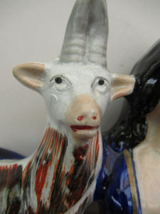 Large Matching Pair Staffordshire Figurines. Man and Woman at a Well with Goats. Antique 1860s