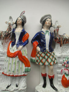 Large Matching Pair Staffordshire Figurines. Man and Woman at a Well with Goats. Antique 1860s